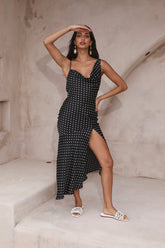 Dotted Moment Satin Polka Dot Midi Dress Black