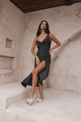 Dotted Moment Satin Polka Dot Midi Dress Black