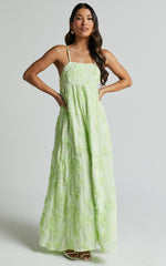 Claya Maxi Dress - Sleeveless Straight Neckline Floral Detail Dress in Lime