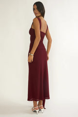 Emara Ruched Waist Sash Maxi Dress Burgundy