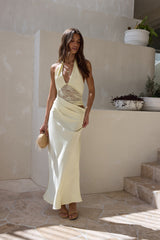 Call Me Yours Lace Halter Satin Maxi Dress Lemon