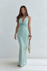 Destinations Halter Satin Maxi Dress Sage