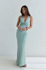 Destinations Halter Satin Maxi Dress Sage
