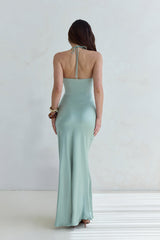 Destinations Halter Satin Maxi Dress Sage