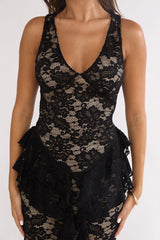 Serenella Peplum Lace Maxi Dress Black