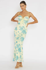 Fortune Lace Trim Mesh Midi Dress Yellow