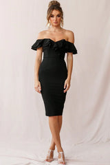 Rossi Ruffled Off The Shoulder Bodycon Dress Black