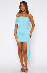 All Mixed Up One Shoulder Mini Dress Blue
