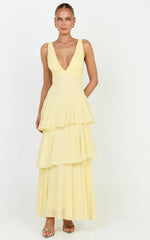 Beryl Midi Dress - Deep V Neck Sleeveless Layered Dress in Lemon