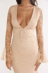 Lysandra Flared Cuff Maxi Dress Lace Beige