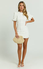 Laila Mini Linen Blend Dress - High Neck Side Cut Out Puff Sleeve Straight Dress in Off White