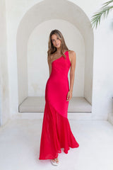 Chase The Thrill One Shoulder Satin Maxi Dress Red