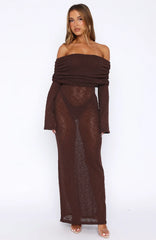 Made It Out Long Sleeve Boucle Maxi Dress Chocolate