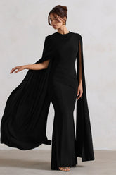 Magdelena | Black Asymmetric Cape Maxi Dress