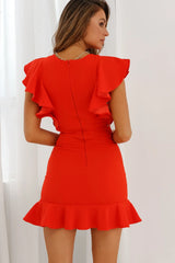 Cupid's Bow Ruffle Shoulder Bodycon Dress Red
