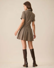 Brown Plaid Lapel Pleated Mini Dress