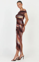 Lucienne Mini Dress - Asymmetric Off Shoulder Gathered Draped Sash Dress in Aurora Print