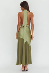 Italia Azure Halterneck Sheer Hem Maxi Dress Olive