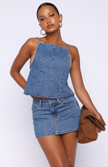 Happiness Is Key Mid Rise Denim Mini Skirt Admiral Blue Wash