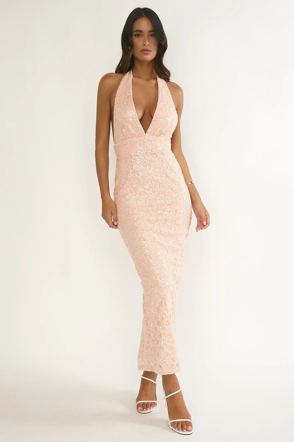 Cipriana Backless Halter Maxi Dress Sequin Pink