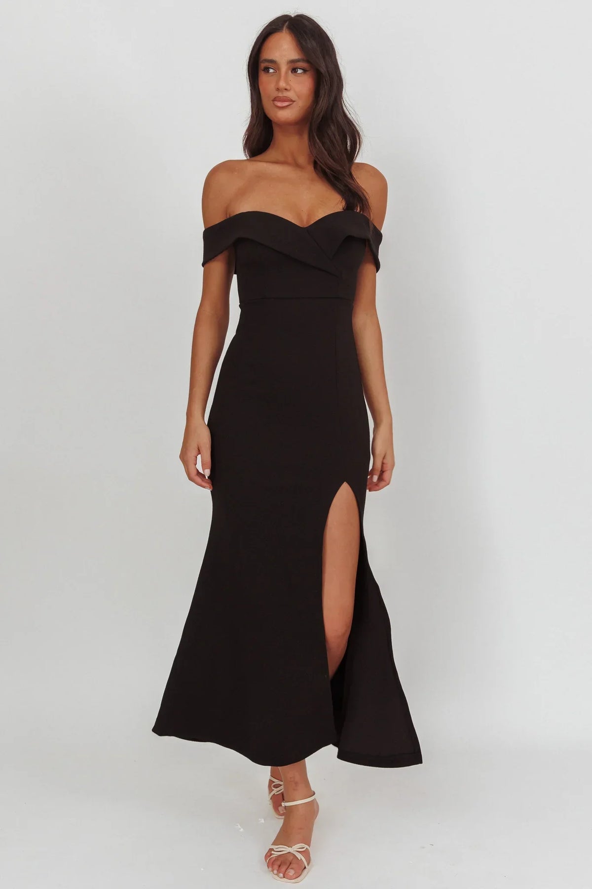 Rider Off-Shoulder Front Split Maxi Dress Black
