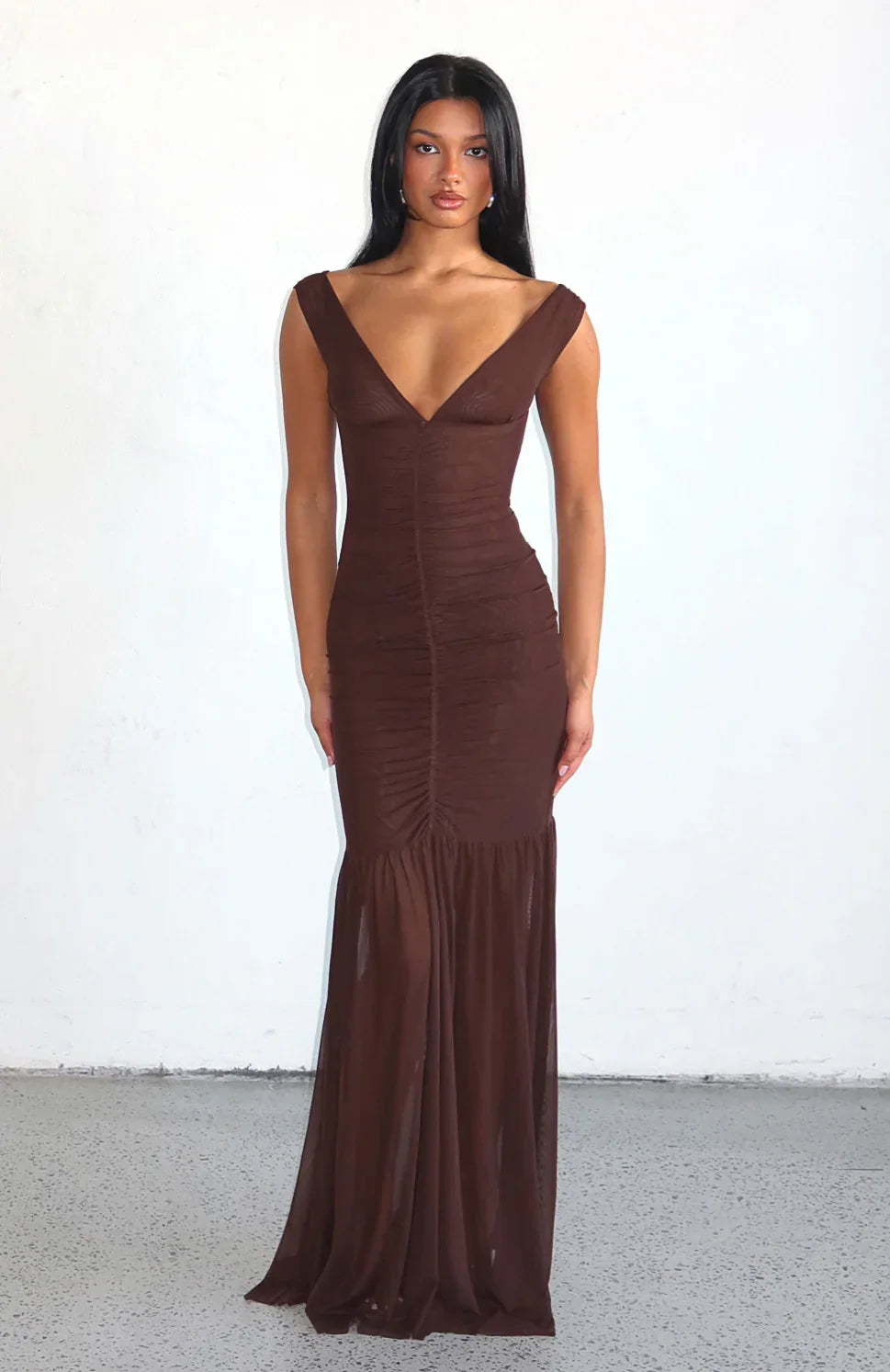 Just A Peak Mesh Maxi Dress Chocolate