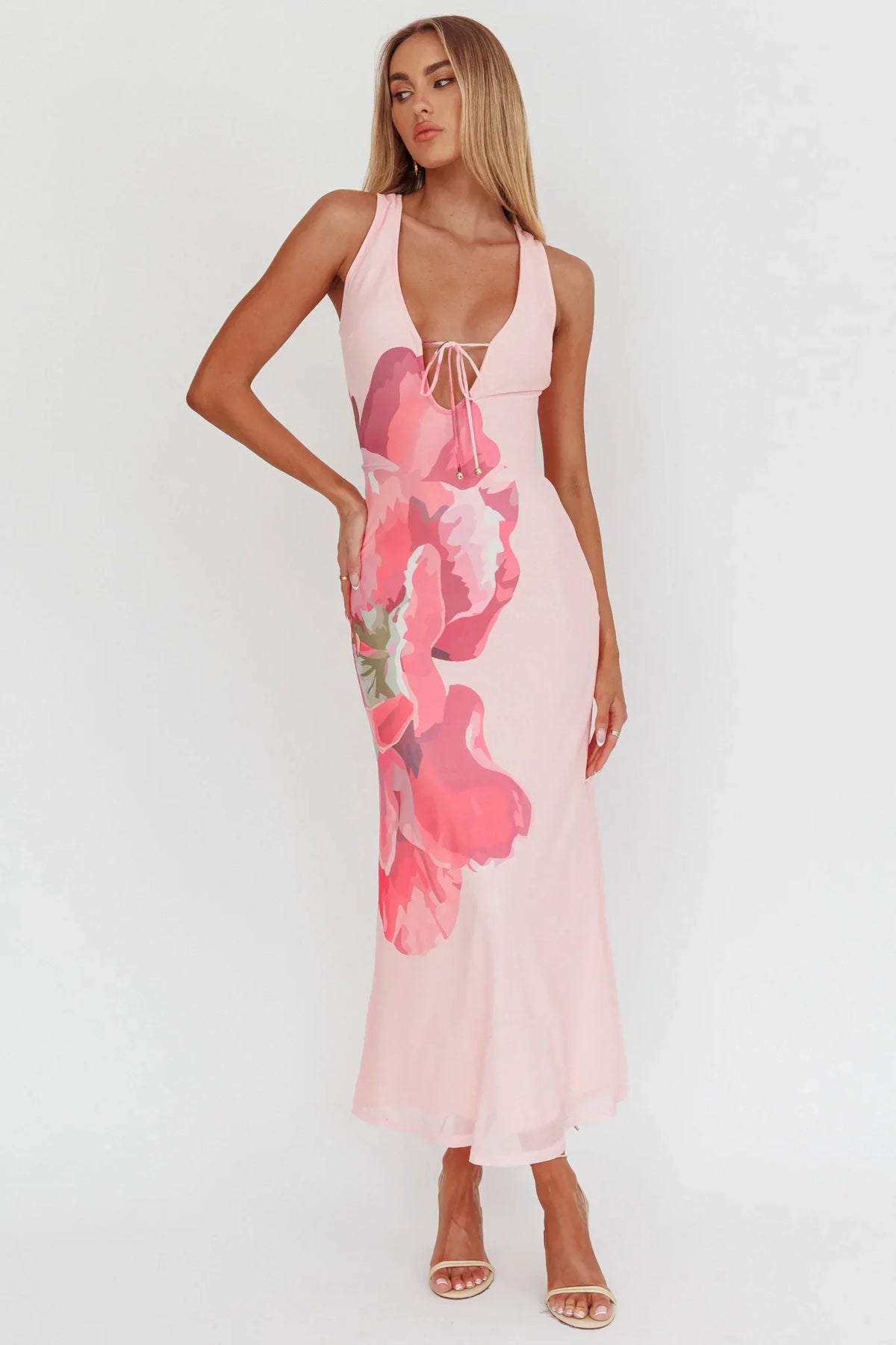 Cinders Tied Plunging Neckline Maxi Dress Flower Pink