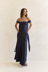 Late Night Dreams Off Shoulder Satin Maxi Dress Navy