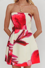 City Central Strapless A-Line Mini Dress Print Beige