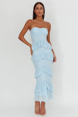 Dulce Dreams Sweetheart Neckline Frill Maxi Dress Blue