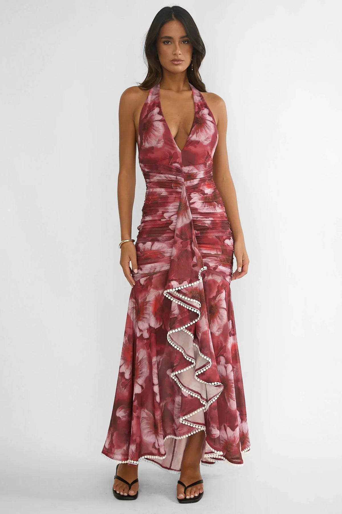Kamilah Ruched Ruffle Maxi Dress Floral Red