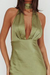 Italia Azure Halterneck Sheer Hem Maxi Dress Olive