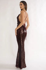 She's The Star Open Tied Back Maxi Dress Sequin Wine