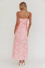 Serif Ruffle Trim Split Maxi Dress Pink