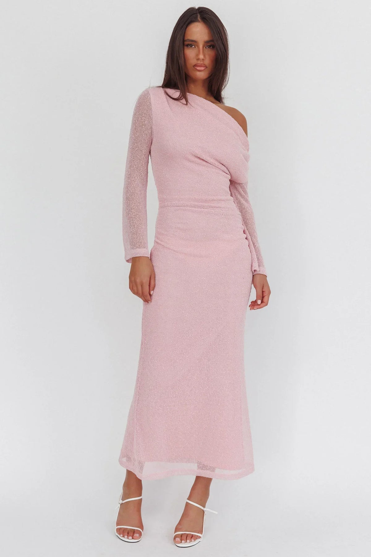 Alivya Asymmetric Neckline Knit Maxi Dress Pink