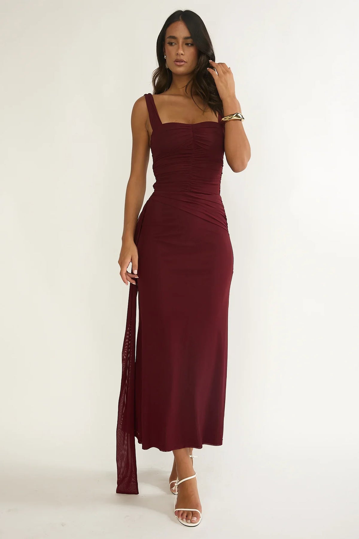 Emara Ruched Waist Sash Maxi Dress Burgundy