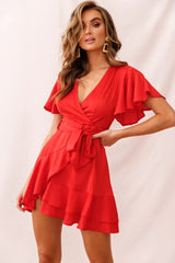 Cami Angel Sleeve Faux Wrap Dress Red