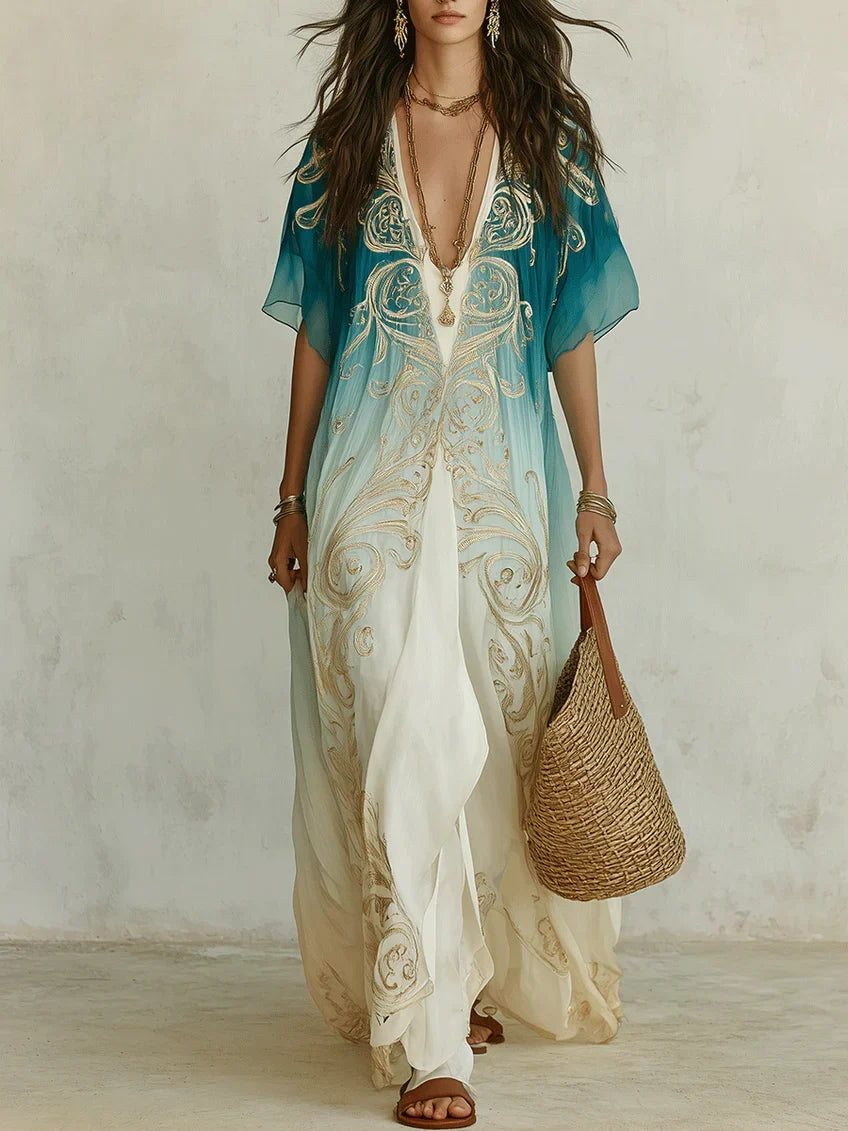 Women's Ombre Kaftan Maxi Dress | Flowing Boho V-Neck Maxi Dress