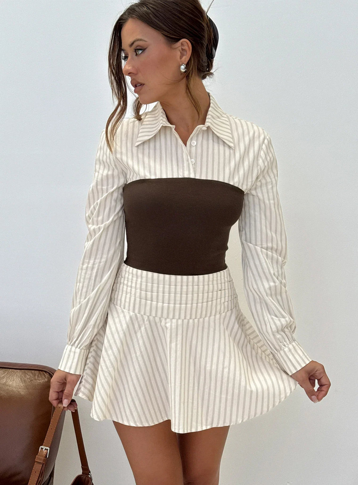 Belva Long Sleeve Corset Shirt Mini Dress Brown Stripe