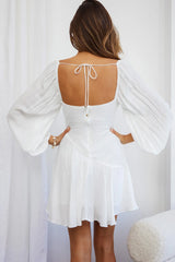 Beaujolais Long Sleeve Cowl Neckline Ruffle Satin Mini Dress White