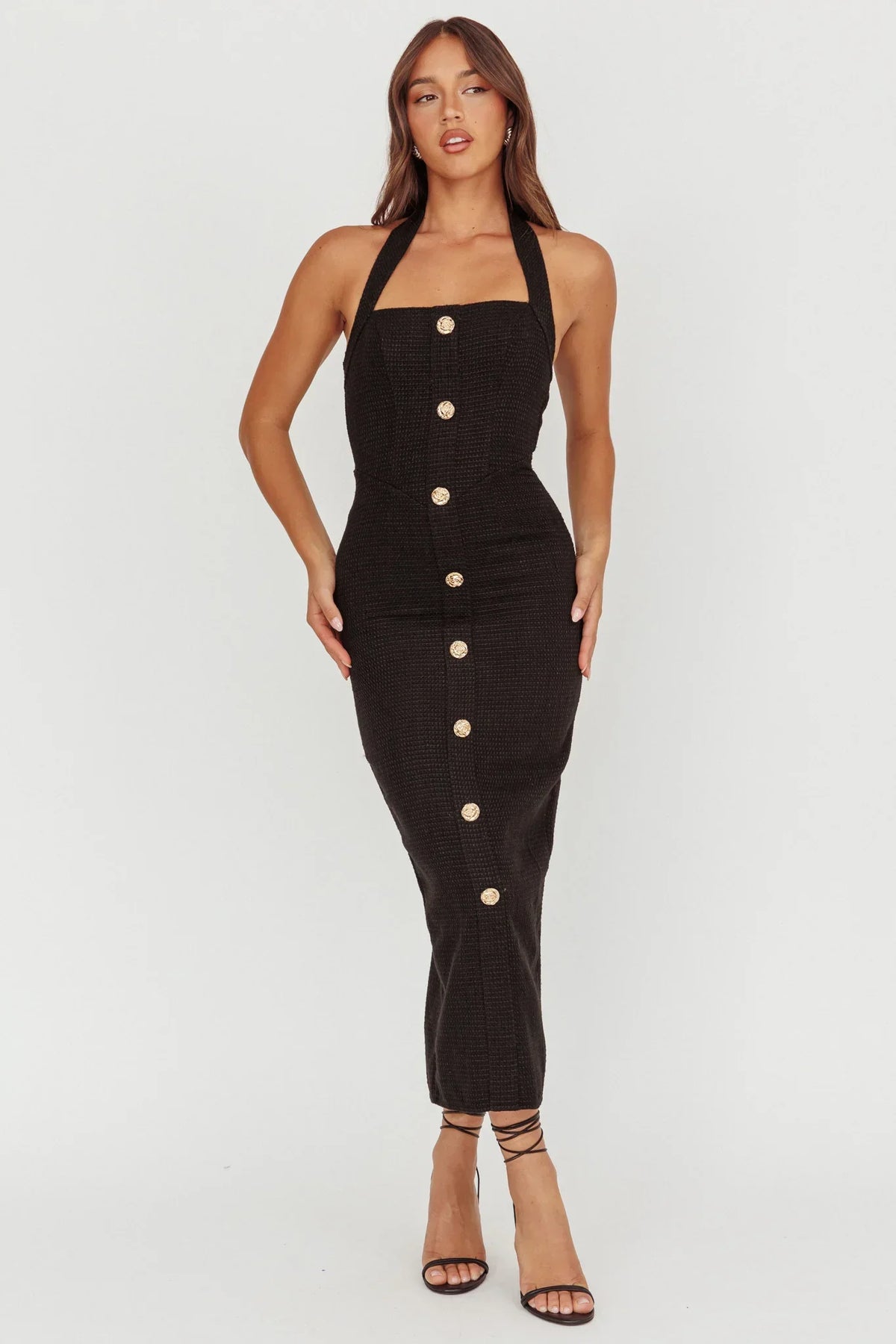 She Is Button Front Halter Midi Dress Tweed Black
