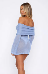 Can't Leave Me Long Sleeve Boucle Mini Dress Cornflower Blue