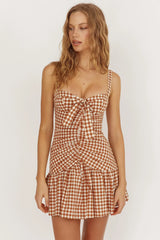 Rachelle Tied Bust Ruched Mini Dress Spotted Tan Check