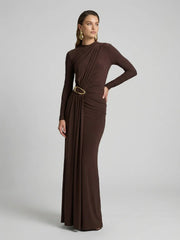 High-Neck Maxi Dress With Gathered-Detail