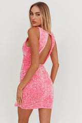 Bedazzle Opened Back Sequin Mini Dress Hot Pink
