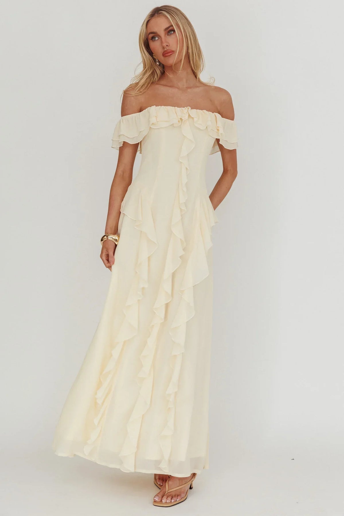Scarlet Off-Shoulder Ruffle Trim Maxi Dress Butter