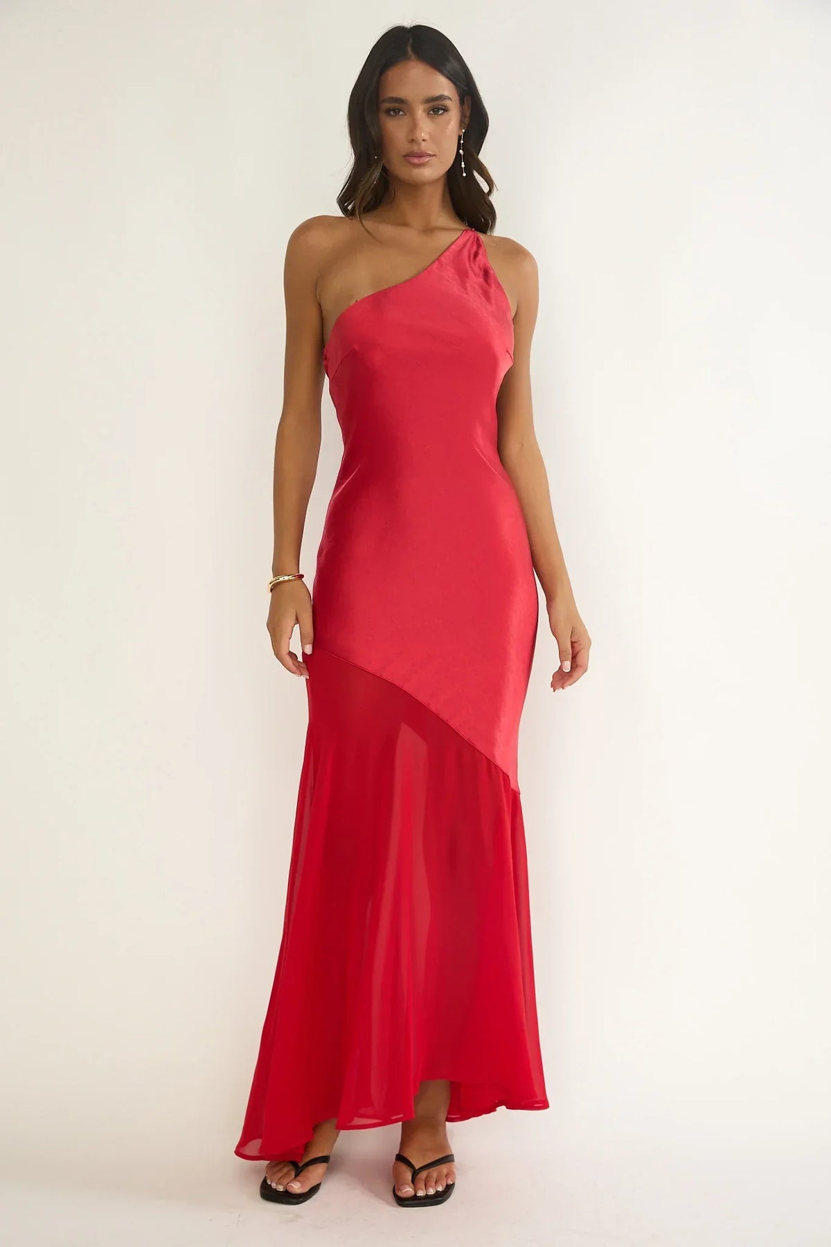 Mireya One-Shoulder Sheer Hem Maxi Dress Red