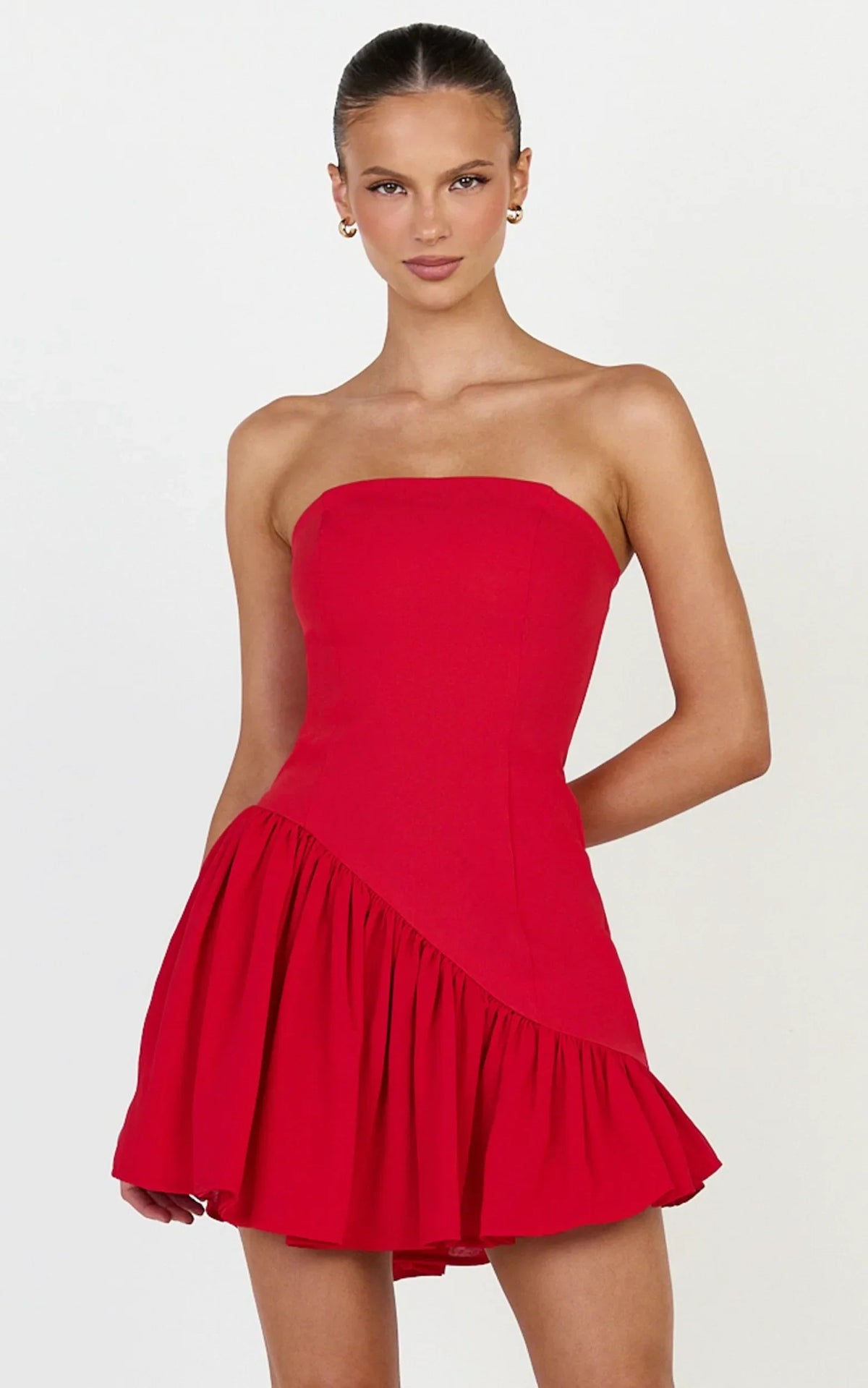 Calla Mini Dress - Strapless Gathered Asymmetric Dropped Waist Dress in Red