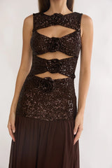 Dioris Rosette Cut-Out Sequin Maxi Dress Sequin Choco