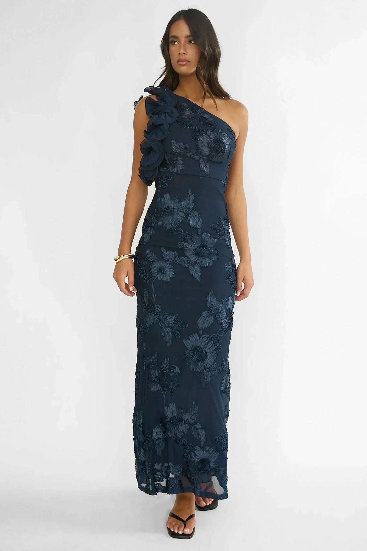 Deanna One-Shoulder Ruffle Maxi Dress Floral Navy